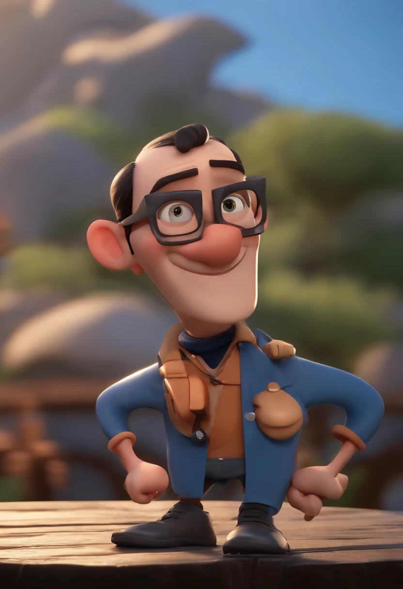 Cartoon character of a man wearing black glasses and a blue shirt, um personagem animado, Caractere estilizado, animation style rendering, 3D estilizado, Arnold Maya render, 3 d render stylized, toon render keyshot, Personagem 3D, Personagem 3D, 3d rendering stylized, 3 d character render, personagem de desenho animado, Personagem de close up, Pose de personagem, (Estilo Pixar) (master part:1.2) (Bokeh) (best quality) (pele detalhada) (textura detalhada) (8k) (argila) (Cinematic lighting) (foco nítido，Senta e vaza a parte superior do corpo