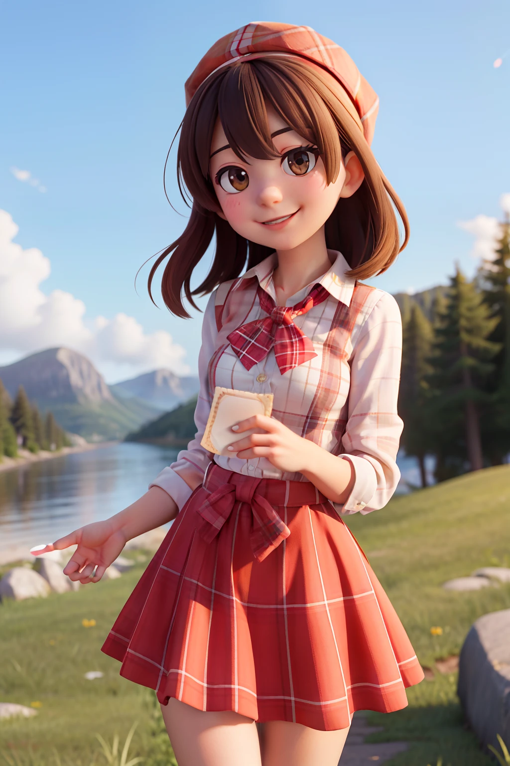 masterpiece, high quality best quality,1girl, bangs, beach, blue_sky, blush, bow, breasts, checkered, checkered_shirt, checkered_skirt, cloud, cloudy_sky, collarbone, day, envelope, giving, grass, hair_bow, heart, holding, holding_letter, horizon, incoming_gift, kazami_yuuka, leaning_forward, lens_flare, letter, light_rays, long_hair, looking_at_viewer, love_letter, mountain, mountainous_horizon, ocean, outdoors, plaid, plaid_background, plaid_bikini, plaid_bow, plaid_bowtie, plaid_bra, plaid_dress, plaid_headwear, plaid_jacket, plaid_legwear, plaid_necktie, plaid_neckwear, plaid_panties, plaid_pants, plaid_ribbon, plaid_scarf, plaid_shirt, plaid_skirt, plaid_vest, pov, shirt, skirt, sky, smile, solo, sun, sunbeam, sunlight, tree, unmoving_pattern