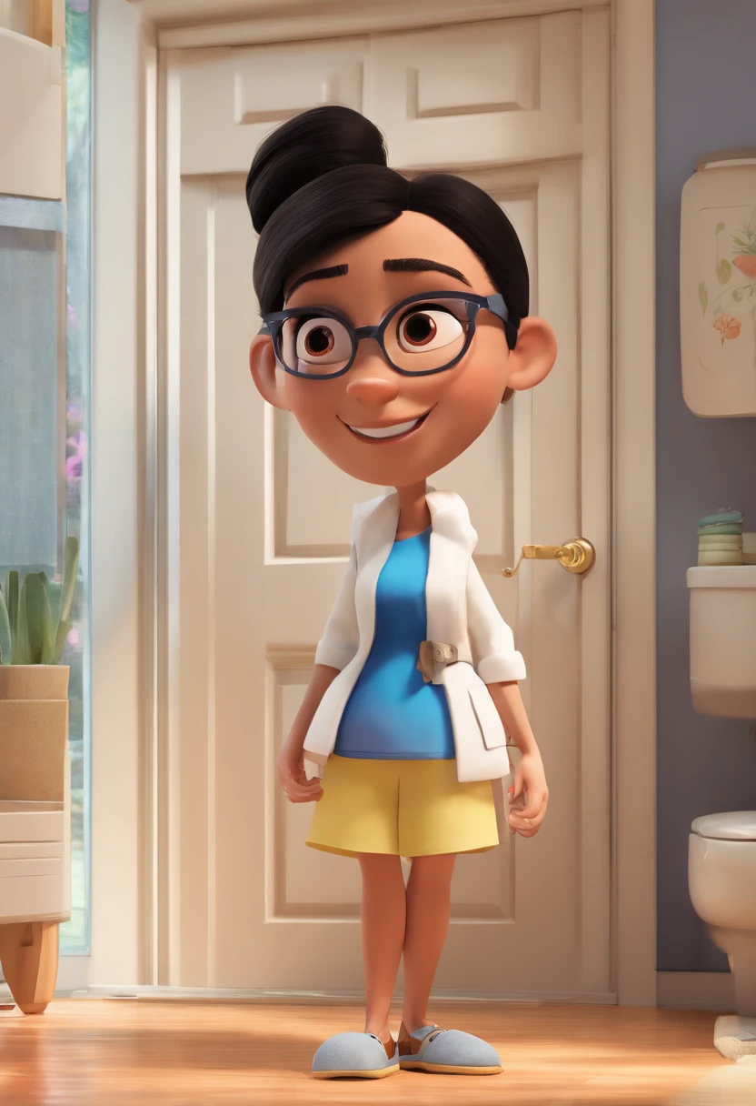 A Disney Pixar-inspired movie poster. White woman with straight black hair in a bun, dark brown eyes, wearing white glasses with thin frames, blue blouse and brown coat, standing at the bathroom door afraid of the shower water. The scene must follow Pixar's signature digital art style, focusing on the characters' expressions, vibrant cores and textures created characteristic of their animations.