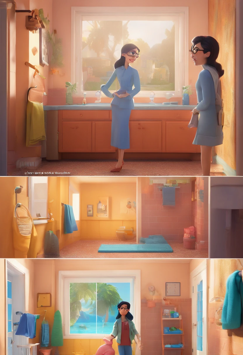 A Disney Pixar-inspired movie poster. White woman with straight black hair in a bun, dark brown eyes, wearing white glasses with thin frames, blue blouse and brown coat, standing at the bathroom door afraid of the shower water. The scene must follow Pixar's signature digital art style, focusing on the characters' expressions, vibrant cores and textures created characteristic of their animations.