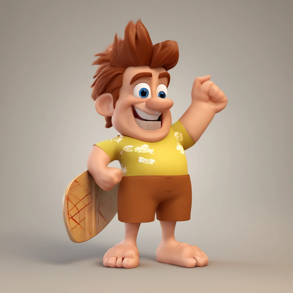 Create a Disney Pixar-inspired poster with the character being a surfer, sem barba, nariz fino, rosto fino, A man with big brown hair down to his neck, numa praia