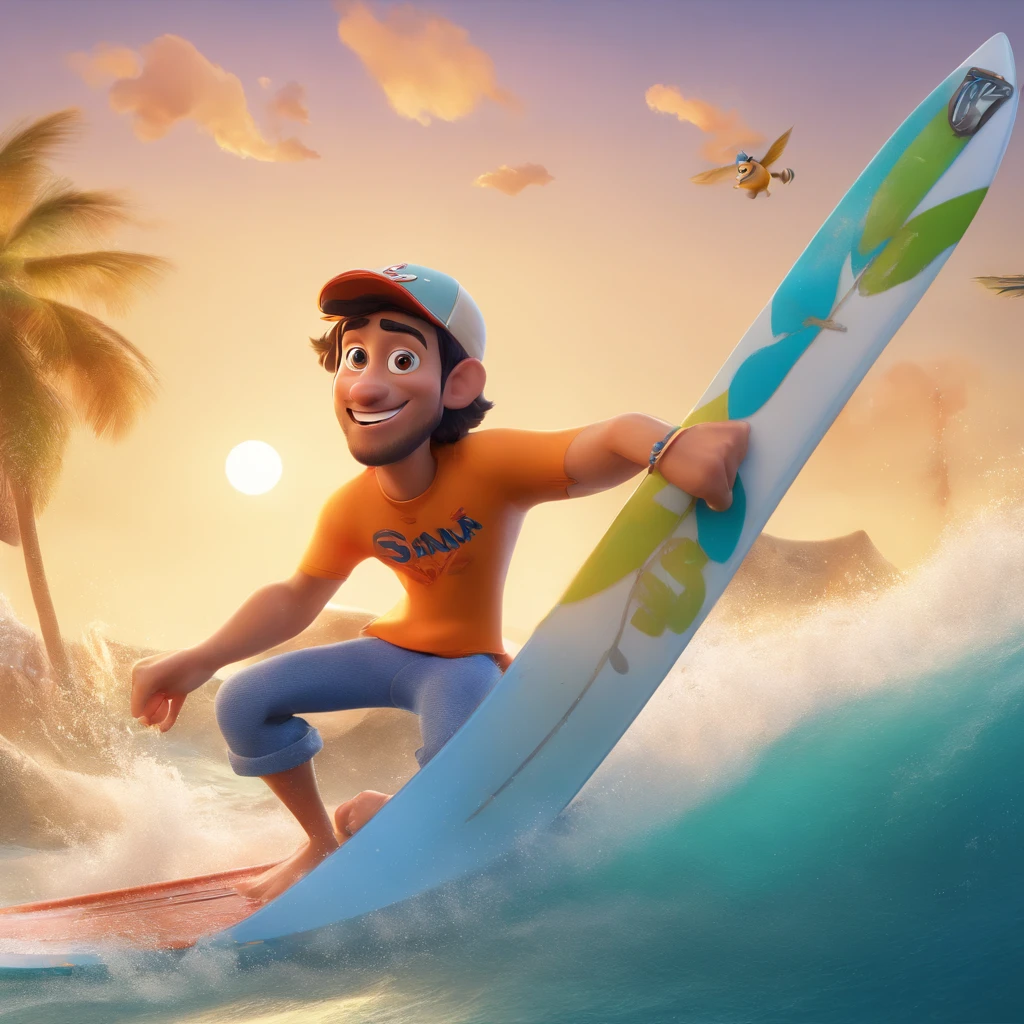 Create a Disney Pixar-inspired poster with the character being a surfer, sem barba, nariz fino, rosto fino, A man with big brown hair down to his neck, numa praia