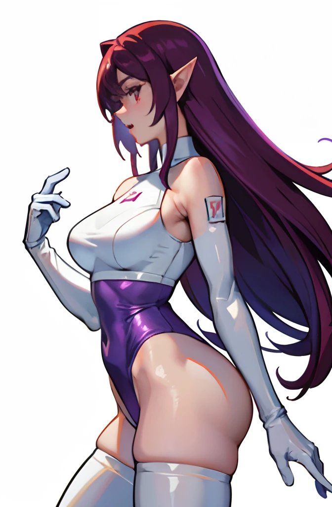 roomi, roomi from galaxy fight, lumi, ((roomi)), (galaxy fight roomi), {roomi}, [roomi], (snk roomi), (mugem roomi), [roomi from galaxy fight], {roomi from galaxy fight}, (roomi from galaxy fight), ((roomi from galaxy fight)), bare shoulders, visible shoulders, (bare shoulders), 1girl, blue bodysuit, bodysuit, breasts, character name, clenched hands, covered navel, fewer digits, impossible bodysuit, impossible clothes, large breasts, long hair, long pointy ears, side view, looking to the side profile, open mouth, oversized hands, big white gloves (bodysuit), [bodysuit], panties, panties over bodysuit, (panties over bodysuit), red hair, pointy ears, skin tight, spandex, sports bra, white underwear, very long hair, white background, white panties, white sports bra, [white sports bra], [white panties], ((red hair, red eyes, white panties, white sports bra, purple bodysuit, oversized white gloves)), ((purple bodysuit)), purple bodysuit, ((purple bodysuit, purple bodysuit)), [purple bodysuit], {purple bodysuit},