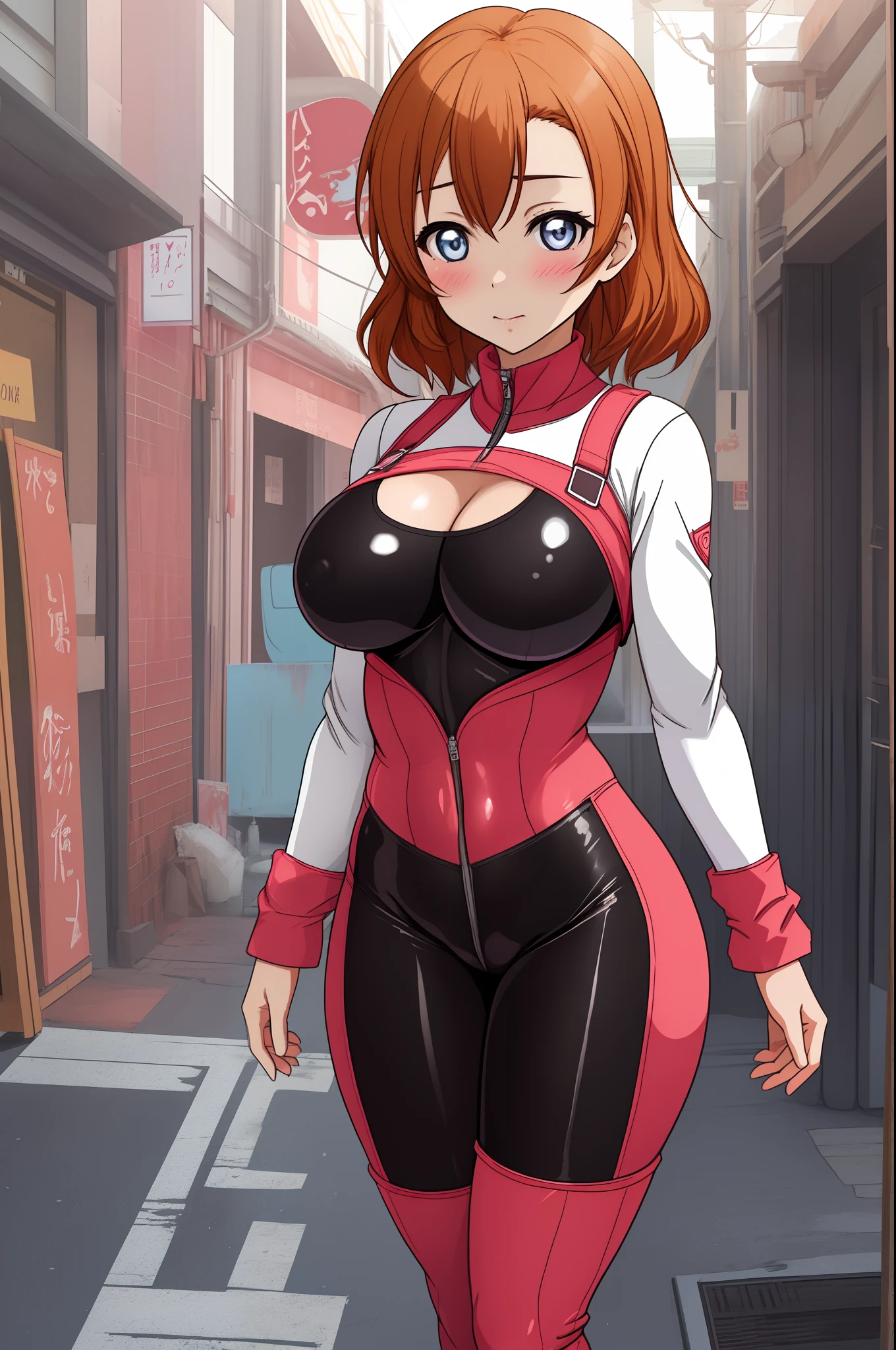 Kousaka honoka, tight shirt, Blushing, huge breasts, looking at viewer, ( bodysuit:1.2), solo, curvy body, (victory pose), stree, facing viewer