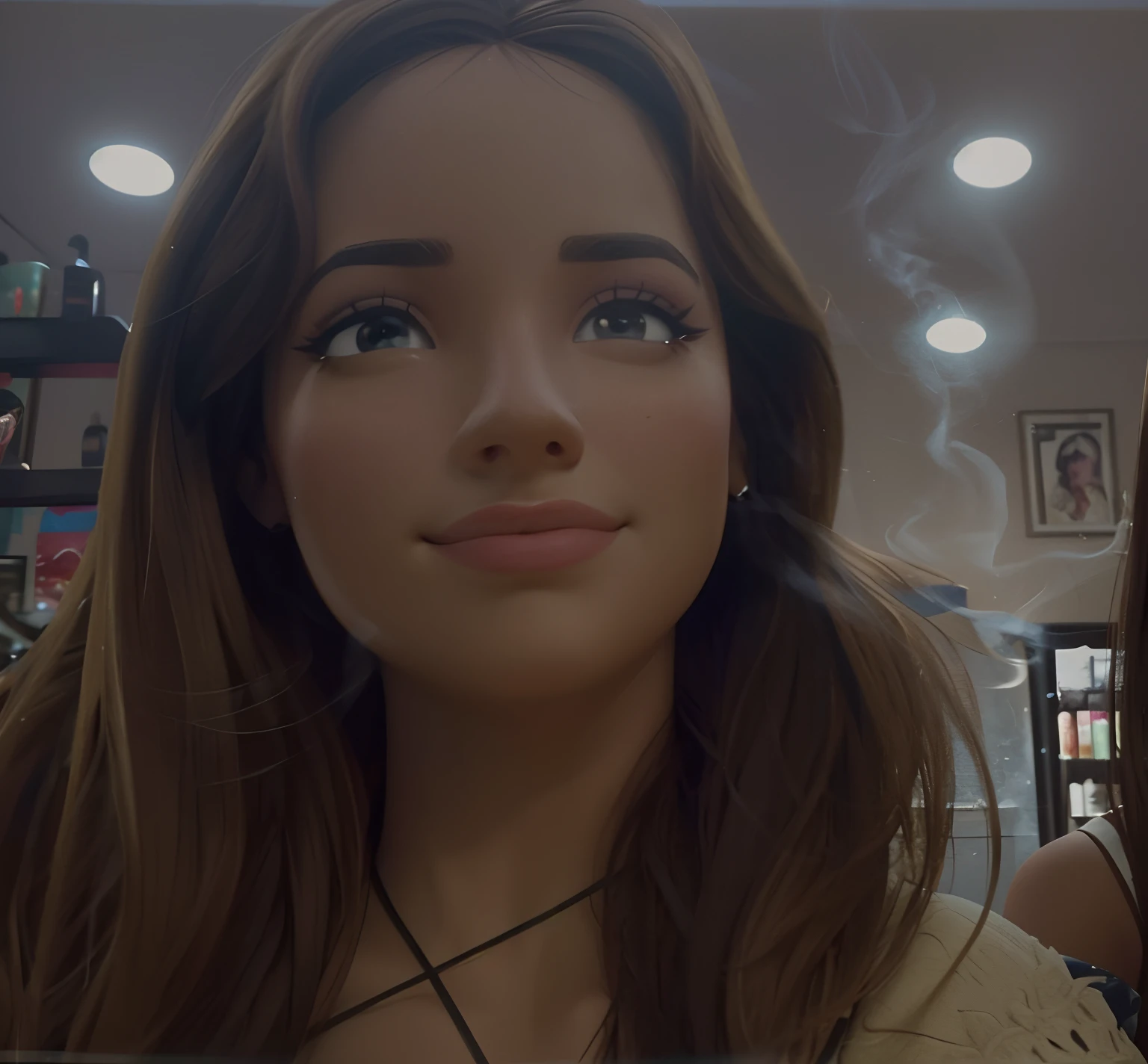 (master part),((Alta qualidade d)),(melhor bonito:1.2),(obra de arte de um),((Face estereoscópica 3D)),8k,(Disney),Uma com um rosto bonito,Cabelo encaracolado amarelo,blush fraco,Usando um top de renda preto,Fique em um palco moderno,His eyes were focused on the distance,she's a singer,The background is blurry and mysterious,iluminado pela luz,Enchanted expression,artistic design,tridimensional,fotos em close-up,((The side is full of smoke)),