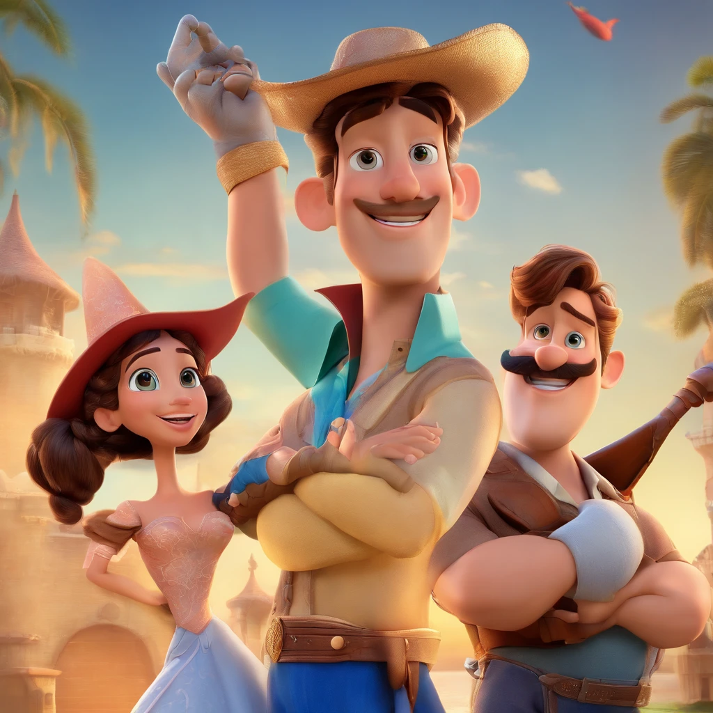 Create a Disney Pixar-inspired poster with the character being a prince, sem barba, nariz fino, rosto fino, Um homem com grandes cabelos castanhos compridos, numa praia