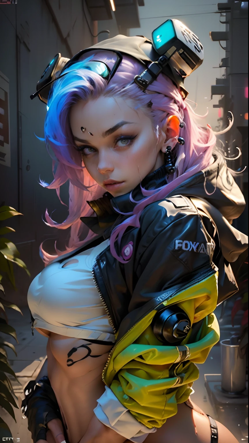 Beauty in the hair,wearing hat,Cyberpunk-inspired short outfits,muscular body,barechested,sexy pose,Dewy,Water spray on the lower body,liquid milk,A lot of damp ones,big boobs
