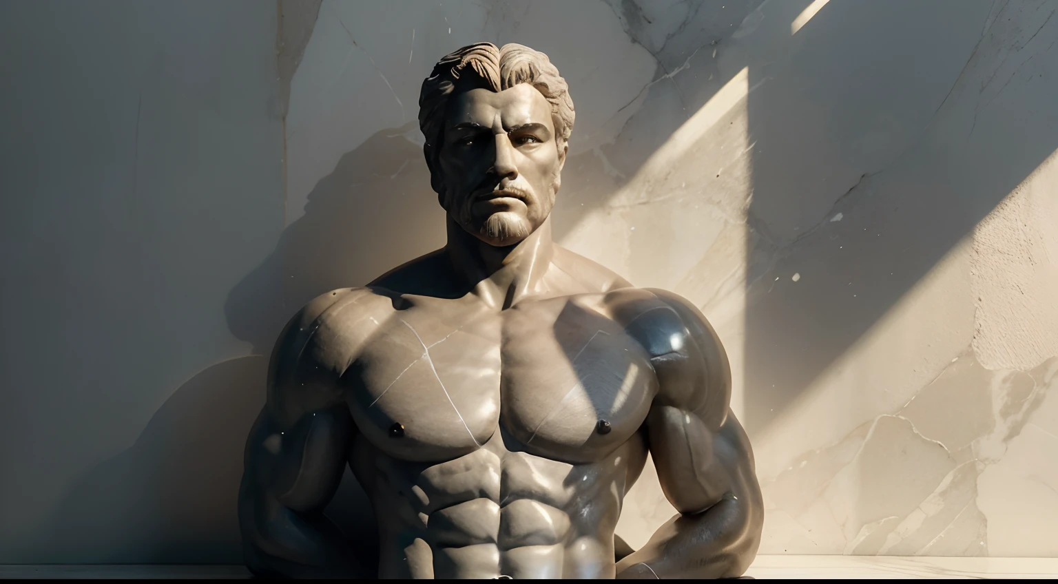 "Create a marble sculpture of a muscular stoic philosopher who, a pesar de su fortaleza, Set boundaries with determination and live an authentic and fulfilling life. Illumination and shadows should highlight your wisdom and contentment on your chosen path."