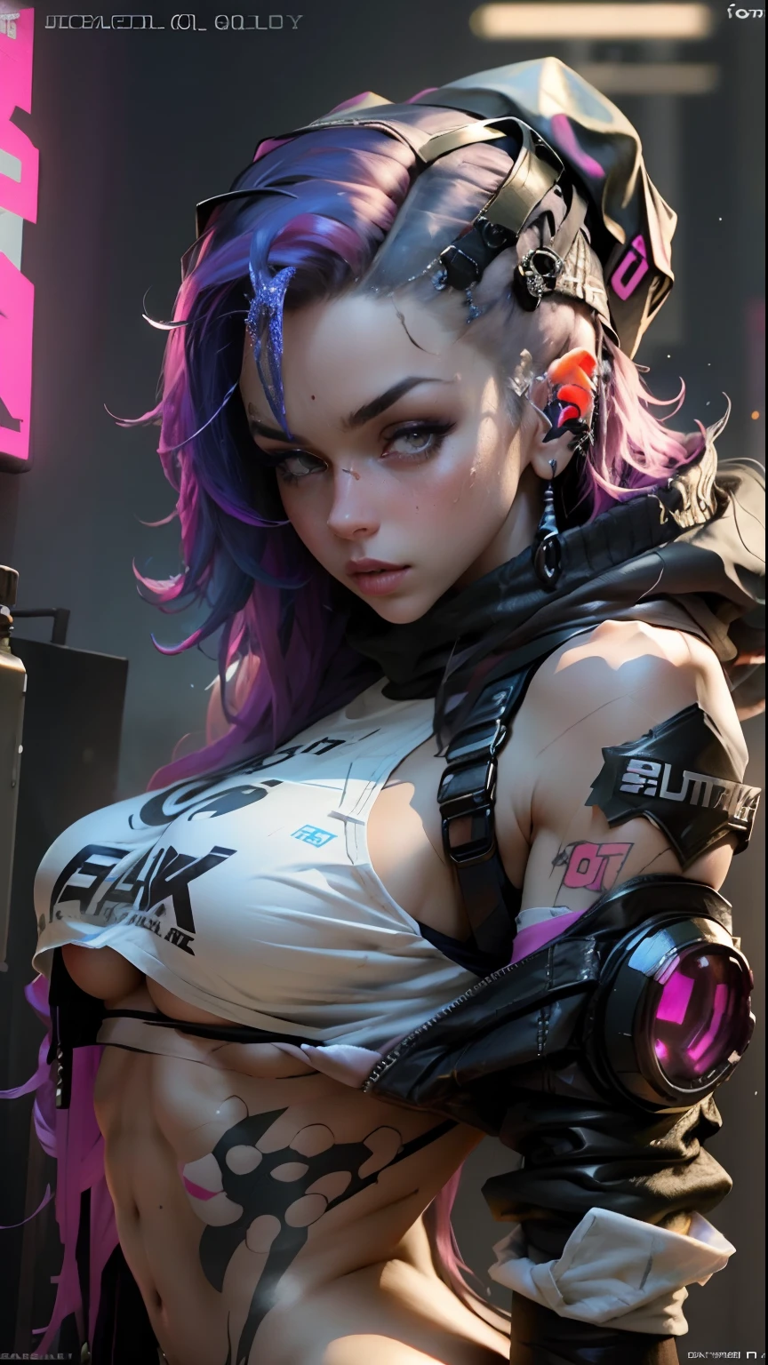 Beauty in the hair,wearing hat,Cyberpunk-inspired short outfits,muscular body,barechested,sexy pose,Dewy,Water spray on the lower body,liquid milk,A lot of damp ones,big boobs