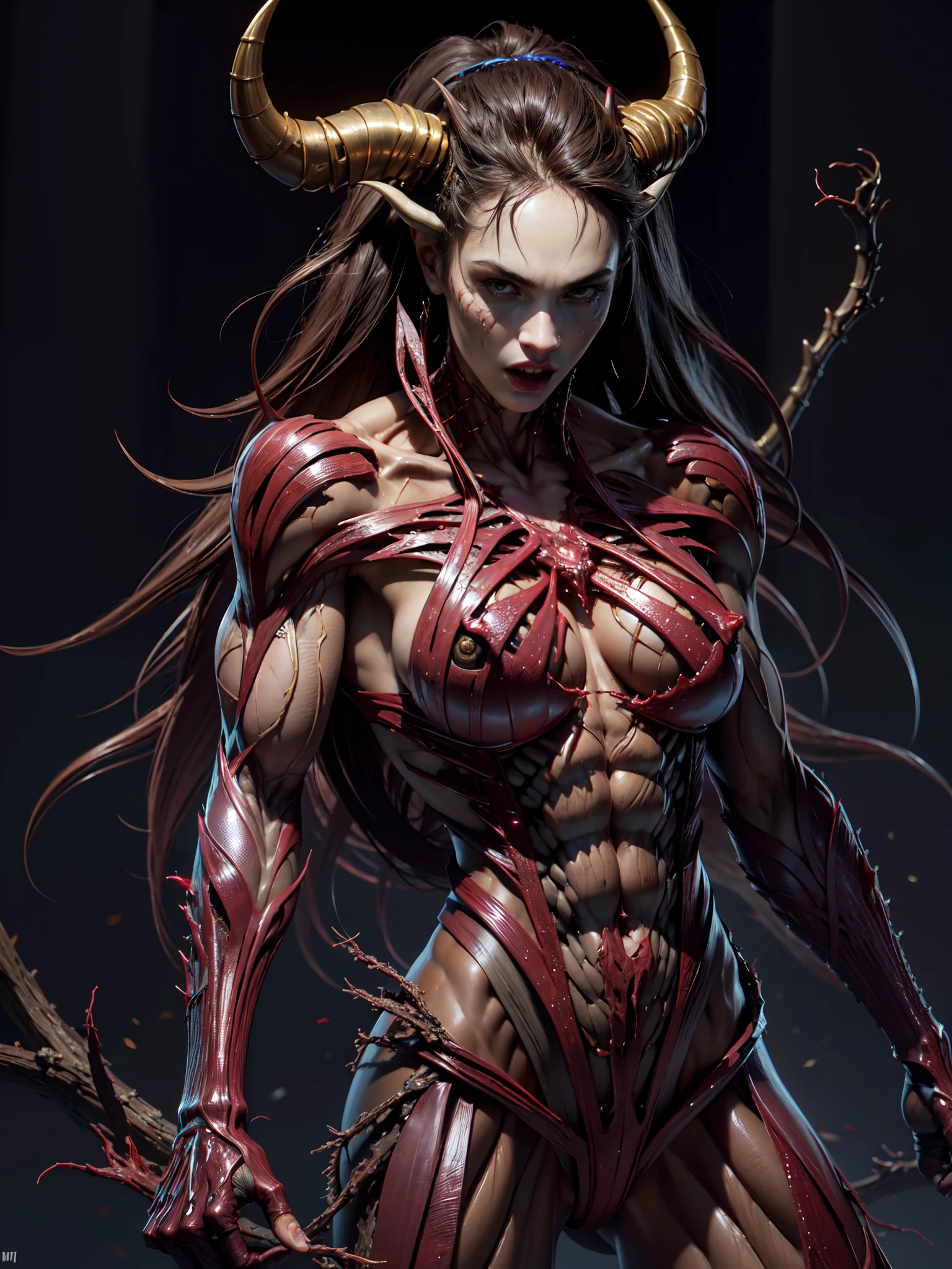 (8k, RAW photo, photorealistic:1.25), (carnage & witchblade physique:1.5), (megan-fox:1.5), (super muscular succubus with flayed skin:1.5), (zombie necrotic muscle:1.5), (demoness with Large horns:1.25), (witchblade muscular anatomy:1.5), (perfect fingers:1.25), best quality, masterpiece, finely detail, realistic skin texture, 85 mm art lens, f 1.2, sharp focus, 8 k high definition, insanely detailed, intricate,,