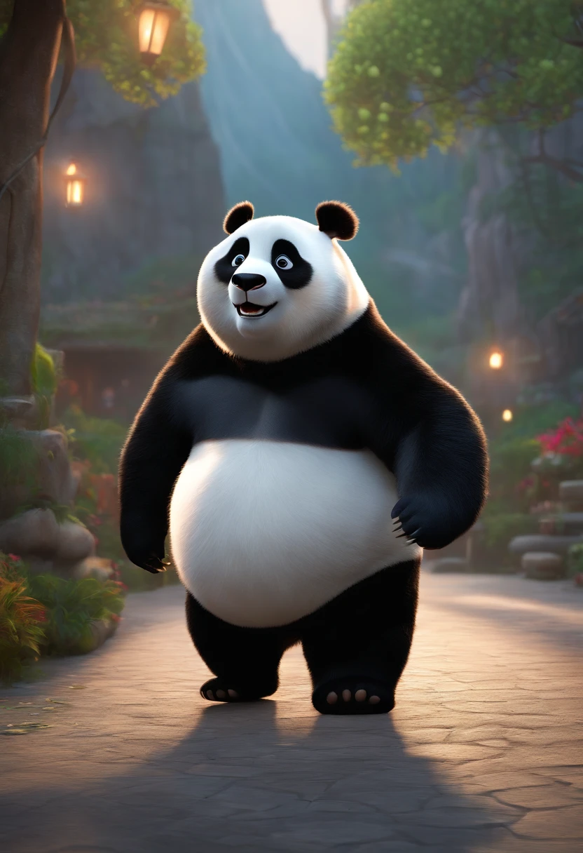 (best quality,4k,8k,highres,masterpiece:1.2),ultra-detailed,realistic, Pixar, fat man with short black straight hair, light brown eyes, short beard, black shorts, black shirt with a picture of a panda, vivid colors, studio lighting
