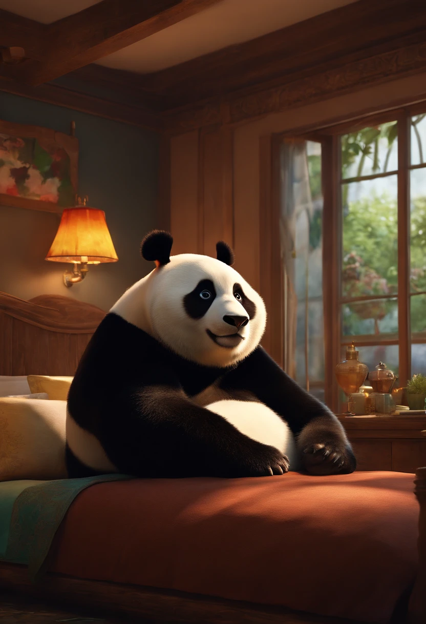 (best quality,4k,8k,highres,masterpiece:1.2),ultra-detailed,realistic, Pixar, fat man with short black straight hair, light brown eyes, short beard, black shorts, black shirt with a picture of a panda, vivid colors, studio lighting