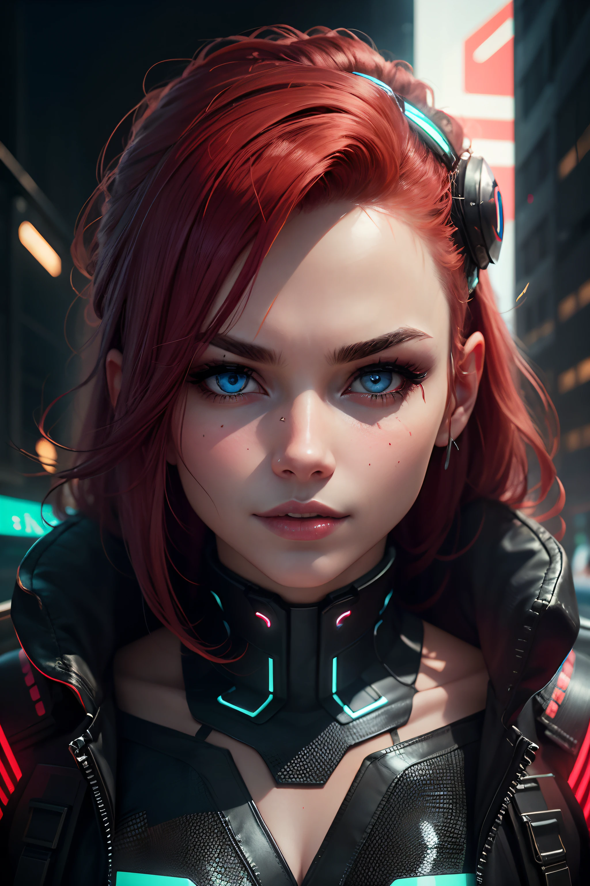 Full-body portrait photography, Bright red hair, Mesmerizing blue eyes, Enigmatic smile, Futuristic neon cyberpunk backdrop, Vibrant colors, Futuristic atmosphere, High-resolution image, Detailed hair texture, Intriguing expression, Futuristic lighting, Mysterious, Striking contrast, Vibrant cyberpunk hues, Graceful pose, Modern aesthetics.