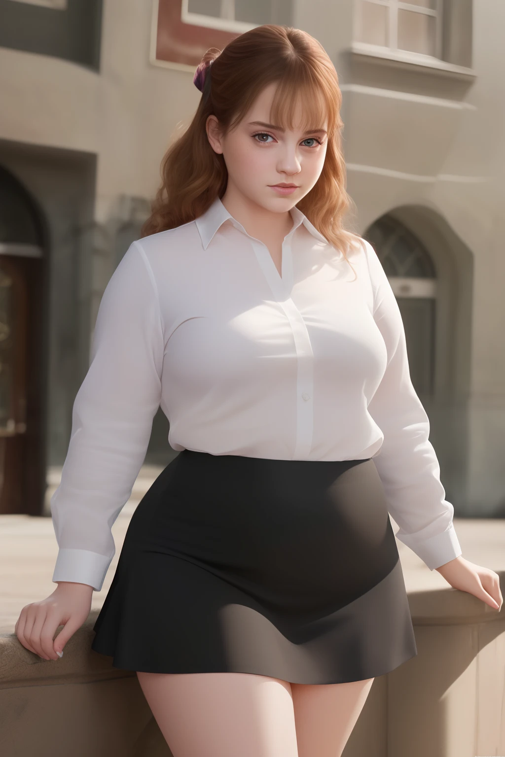 masterpiece, (photorealistic), (8k wallpaper) , (best quality), perfect quality, solo, (detailed eyes:1.1), Ermione, adult, very beautiful face, small smile, sexy, fat rolls, curvy, chubby, navel , soft, tight school uniform, tight miniskirt, black miniskirt, muffin top, love handles, thunder thighs