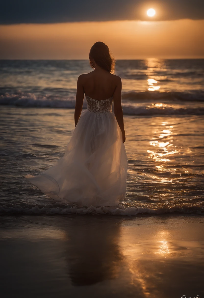 ((master part, extremely high quality)), at night, roupas finas, garota, Put one foot in seawater with just your toes, Girl standing, menina de lado, menina entre o horizonte e o mar, olhando de lado, scattered ripples of the toes, The venue is about 20 meters away, Acima do mar, at night, toda a cena brilha, there's a meteor shower
