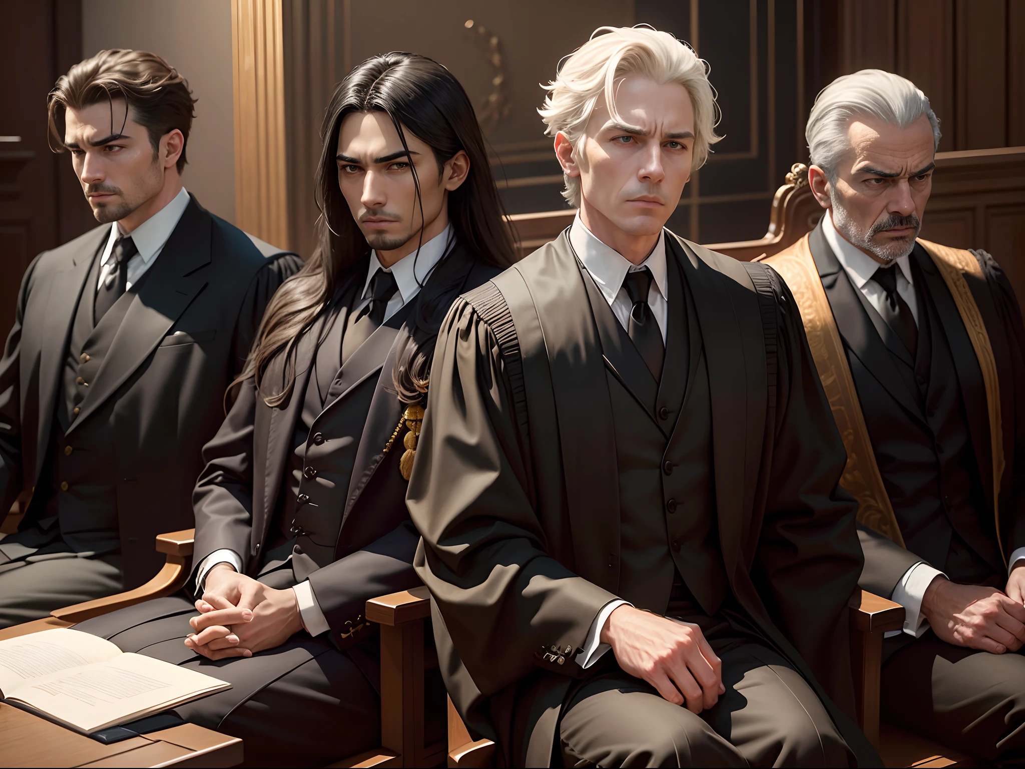 In a courtroom, three stern male judges presiding over a court hearing. The scene is set with a serious and formal atmosphere, where the male judges are seated on a raised platform. the men judges is dressed in black robes and white wigs; (best quality,realistic:1.37),painting-style,high-contrast lighting,detailed facial features,dramatic atmosphere,shadows and highlights,subtle color palette,studio lighting,expressive facial expression,detailed facial expression,professional,high-res, three men in judicial robes