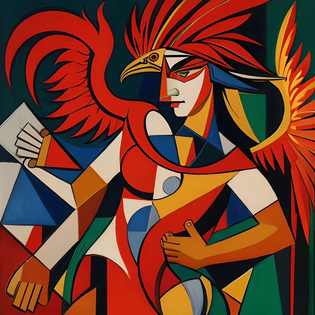 Asian man, cubism paint, picasso, fire, ancient, red feathers, phoenix