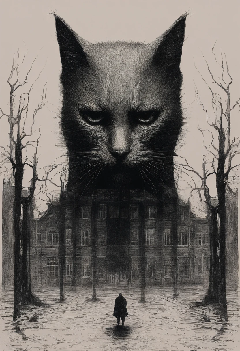 Dans l'ombre, forme chat noir humanoïde, griffes ensanglantées, reflets argentés
