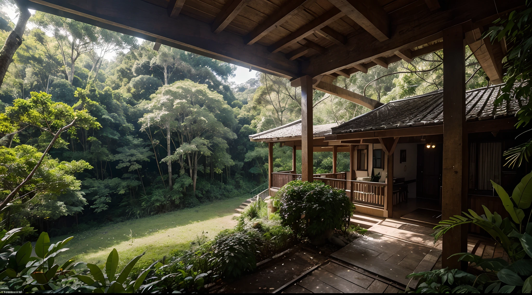 Create an illustration of the highest quality, Realistic, Photographic quality, em tons frios, uma grande pousada Arafed em um penhasco com vista para uma montanha, modern three-story, bastante extensa na largura, na beira do penhasco, no meio de uma montanha, On a very steep and dangerous part, Located in the heart of a lush forest. with thick and dense trees, The quality of the image should highlight all the details of the architecture of the house and the richness of the vegetation in the dense forest. creating a realistic and immersive depiction of this unique scene.