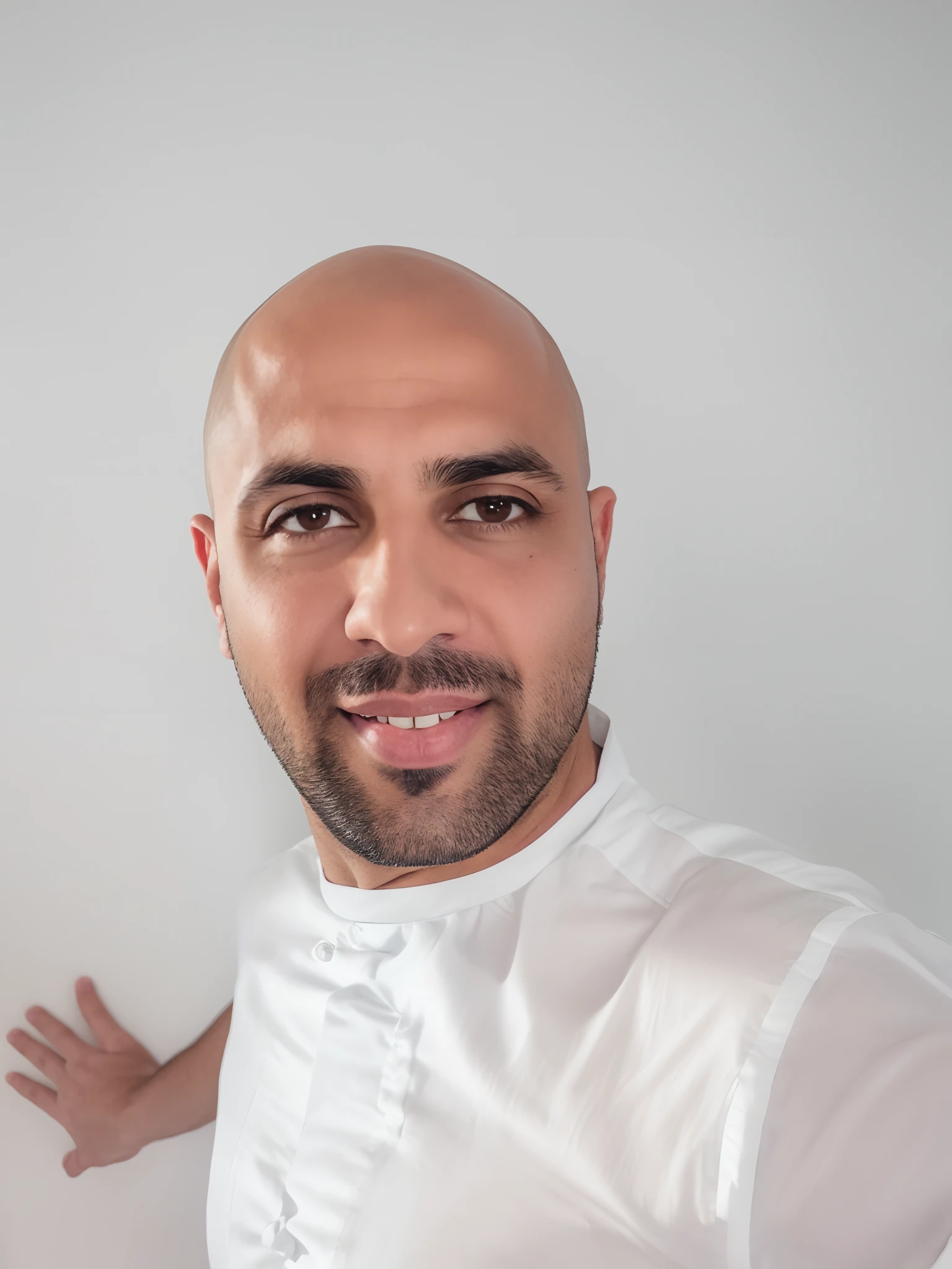 There is a man with a bald head and a white shirt, Emad Mostaque, Ahmad Merheb, Eytan Zana, Elias Chatzoudis, Mohamed Reda, Homem de 4 0 anos, Sam Nassour, (38 anos), david rios ferreira, Alex, Carmelo Blandino, Hicham Habchi, selfie de um homem