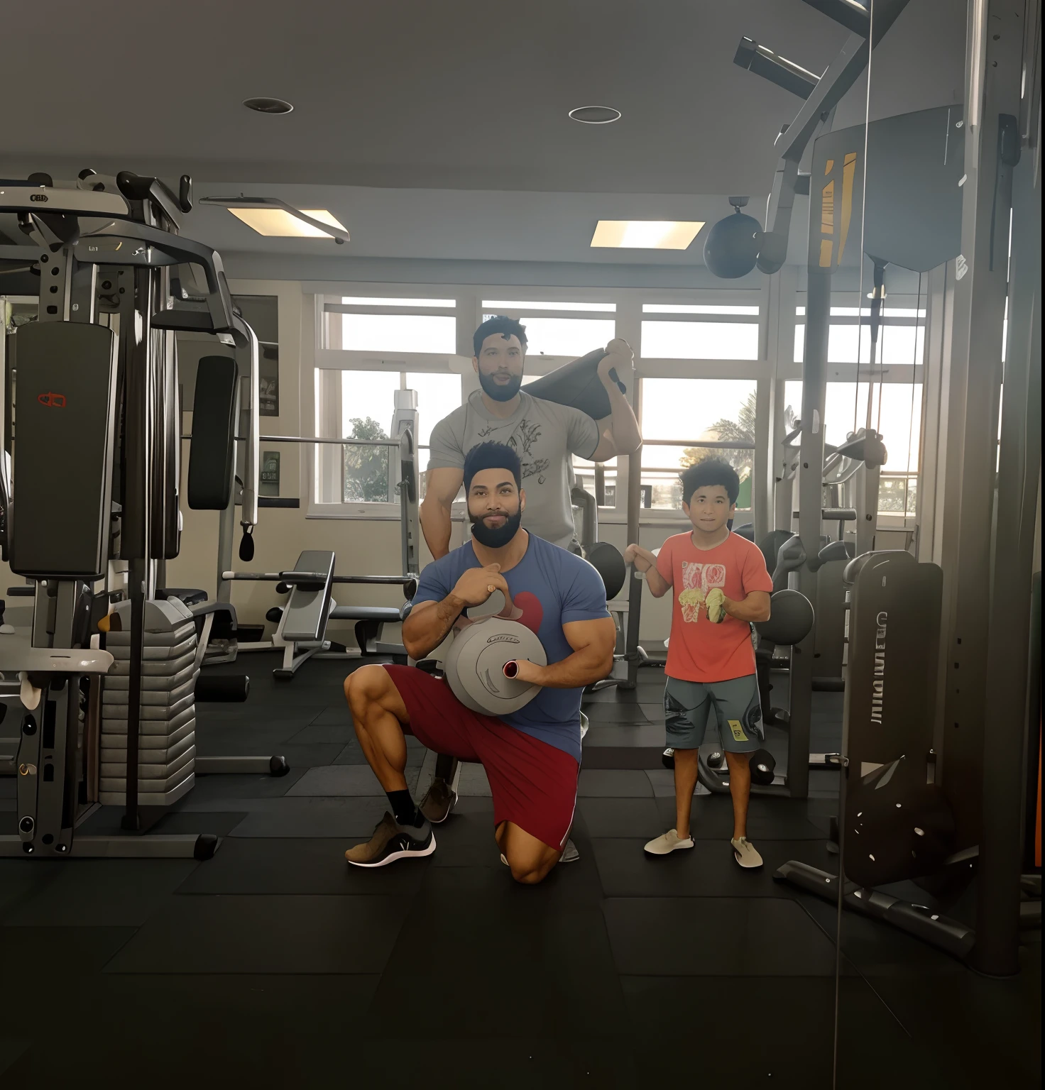 There's a man and two kids in a gym with a man holding a weight board, levantamento de pesos, em uma academia, malhar, marido esposa e filho, local gym, musculoso!!, dim dingy gym, papai que, hard lighting!, carregando duas barras, dingy gym, musculoso!, foto muito precisa, Upload de alta qualidade