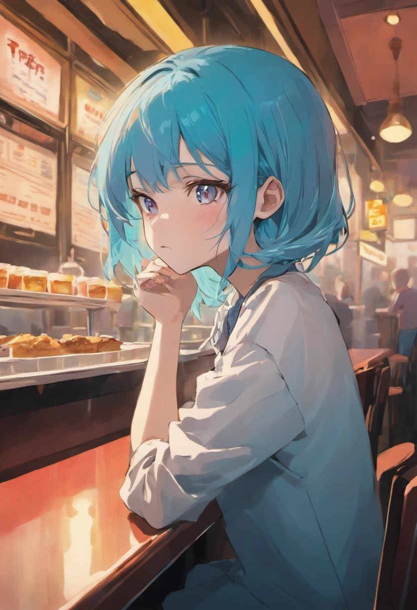 blue sky、bright、(Retro painting style),(rough drawing style),(Japanese anime style),(simple figure drawing)(outdoor cafe in the distance)(a cafe)(The figure is far away)blue skyが見える、sunny、lots of people、(sit on a chair)(drinking coffee)、(long hair、woman wearing glasses、Reading a novel)、profile、Sunday、A bustling, large city、european style、fun、