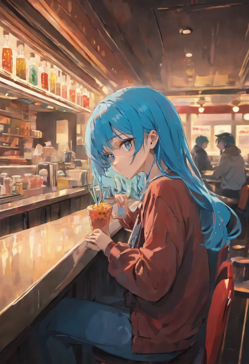 1 sad girl in a diner with blue hair