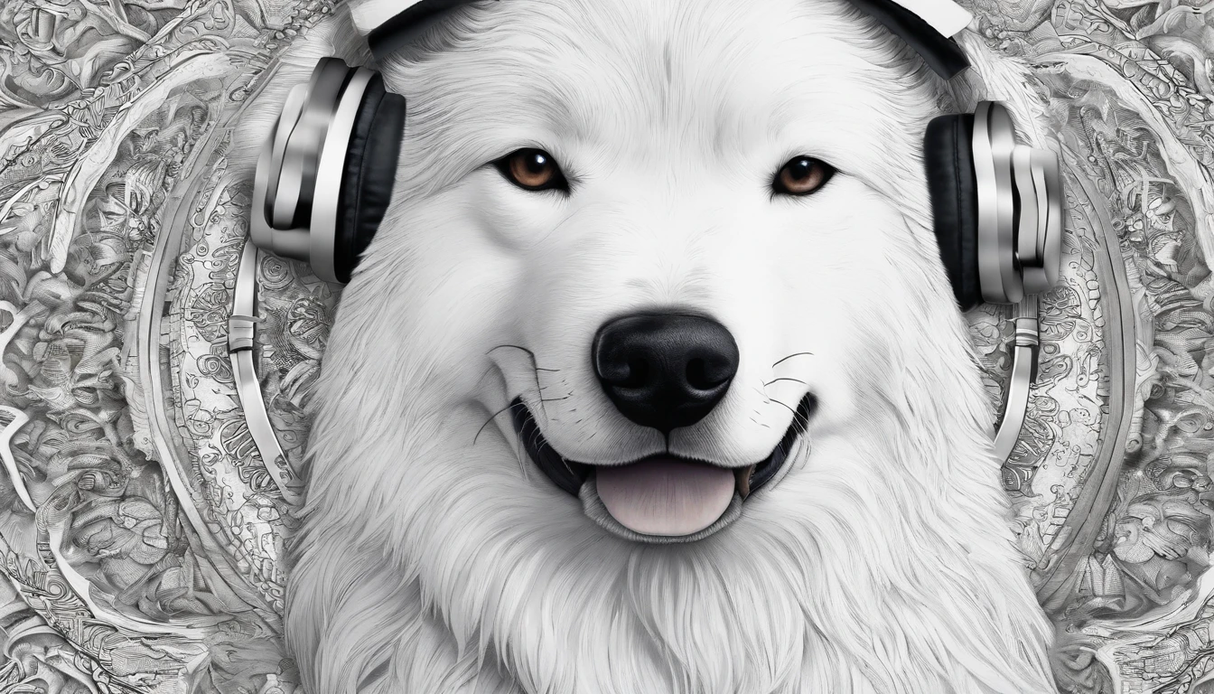 Samoyed with headphones and a bandana around his neck, coloring page, para adultos, linhas em negrito, corpo do filhote de cachorro mandala, mandala, Mandala Face, symmetric, fundo branco, Arte de linha limpa, arte de linha fina, - - AR 14,8cmx21cm