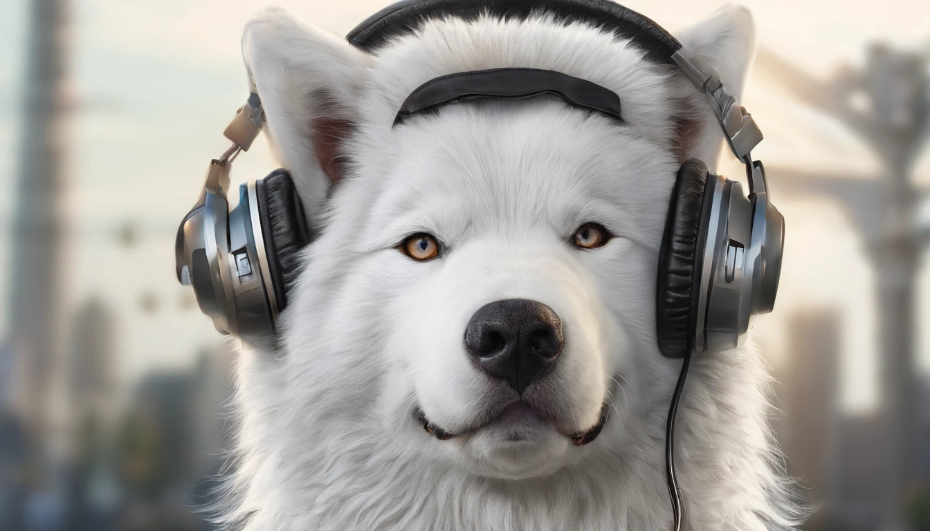 Samoyed with headphones and a bandana around his neck, coloring page, para adultos, linhas em negrito, corpo do filhote de cachorro mandala, mandala, Mandala Face, symmetric, fundo branco, Arte de linha limpa, arte de linha fina, - - AR 14,8cmx21cm
