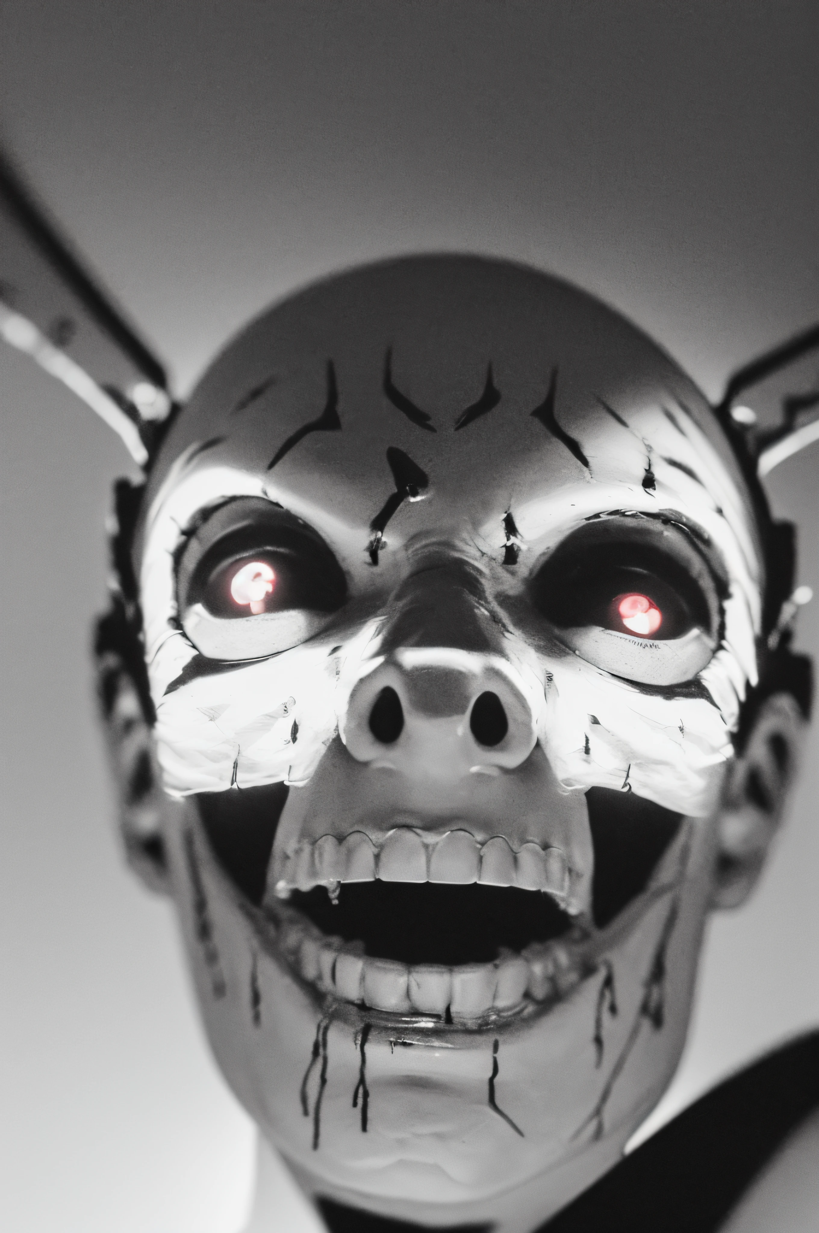 "(The best lighting, oscuro, dramatic),(feto calavera alien, Hellraiser, Cicatrices, sexy, cerebro, sangre, alas blancas sucias, una rata dentro de la cabeza, terror.),(ojos rojos, calaveras). morning light.