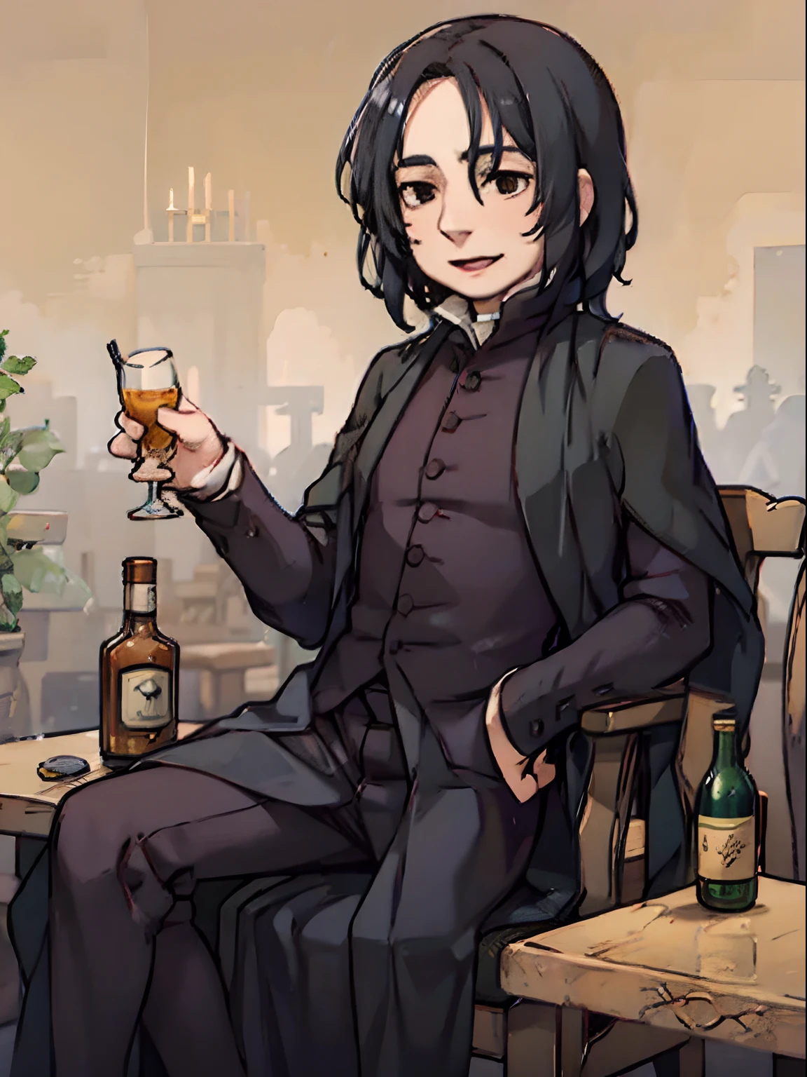 Happy Severus Snape with a bottle of cognac