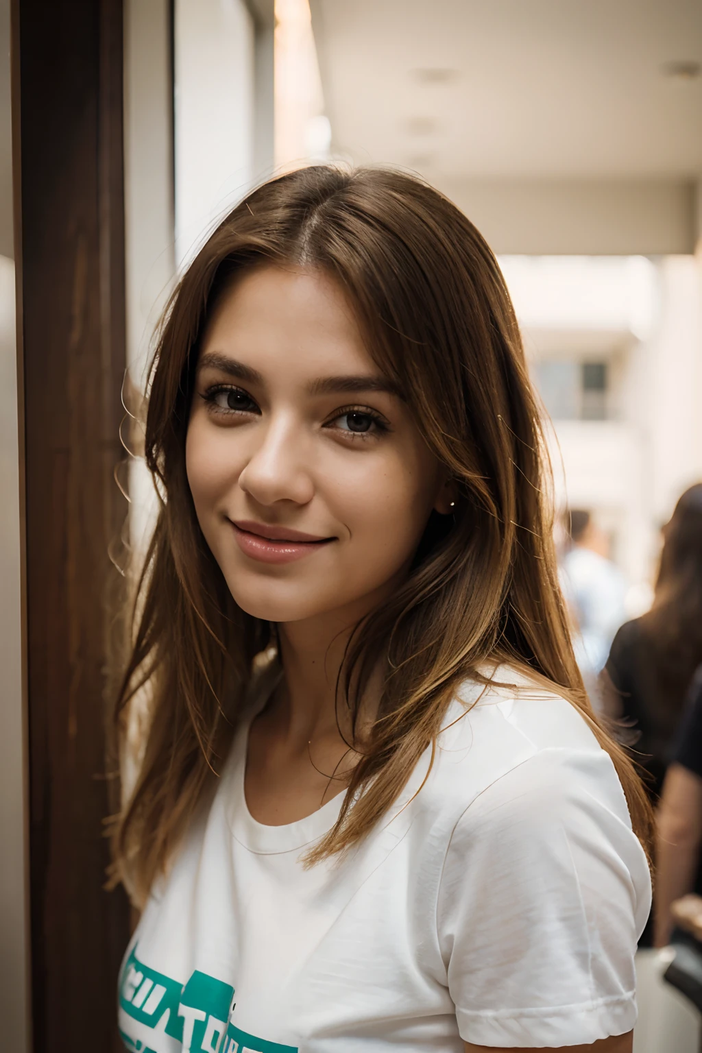 Realistic portrait of a woman, Blonde, long haircut, Brazilian, Brazil, round brown eyes and short, disheveled hair, Filmed from the outside, beautiful smile, in a T-shirt, looking up at the camera, ssmile, soft natural lighting, portrait photography, Realistic lighting, 8K, photo realism, Ultra-detailed, Sexy appearance. f1. 4,8K UHD