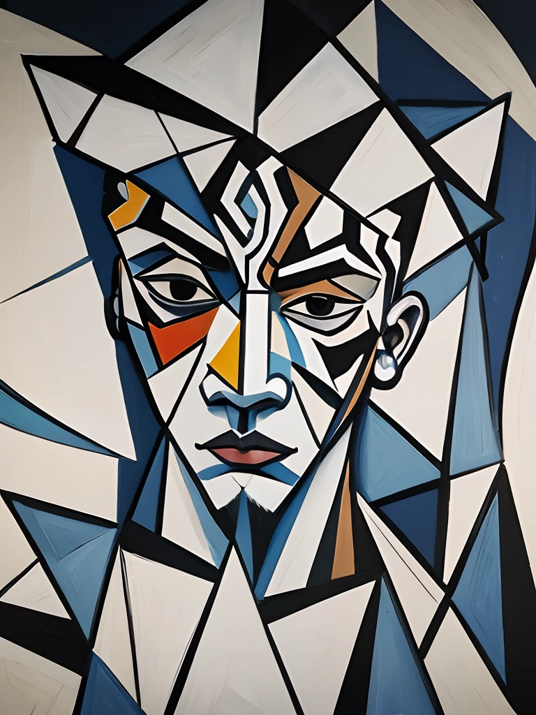 Asian man, cubism paint, picasso, thunder, ancient, white tiger, shoulders, ligtning, ears