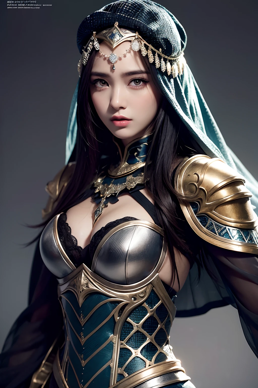 model shoot, (1 girl), Islamic warrior, hyper realistic, super detailed, Dynamic shot, masterpiece, scene sharp détails, perfect eyes, perfect skin, perfect hands