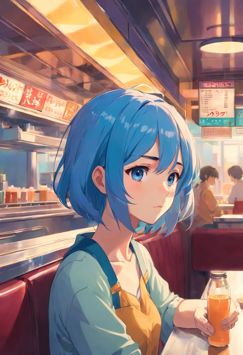 1 sad girl in a diner with blue hair