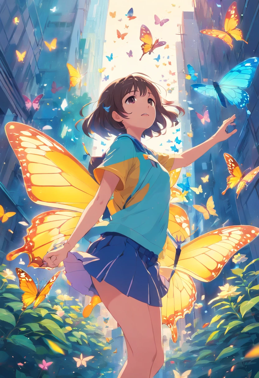 Colorful butterflies fluttering, por cima de rosas azuis e amarelas, illustration style