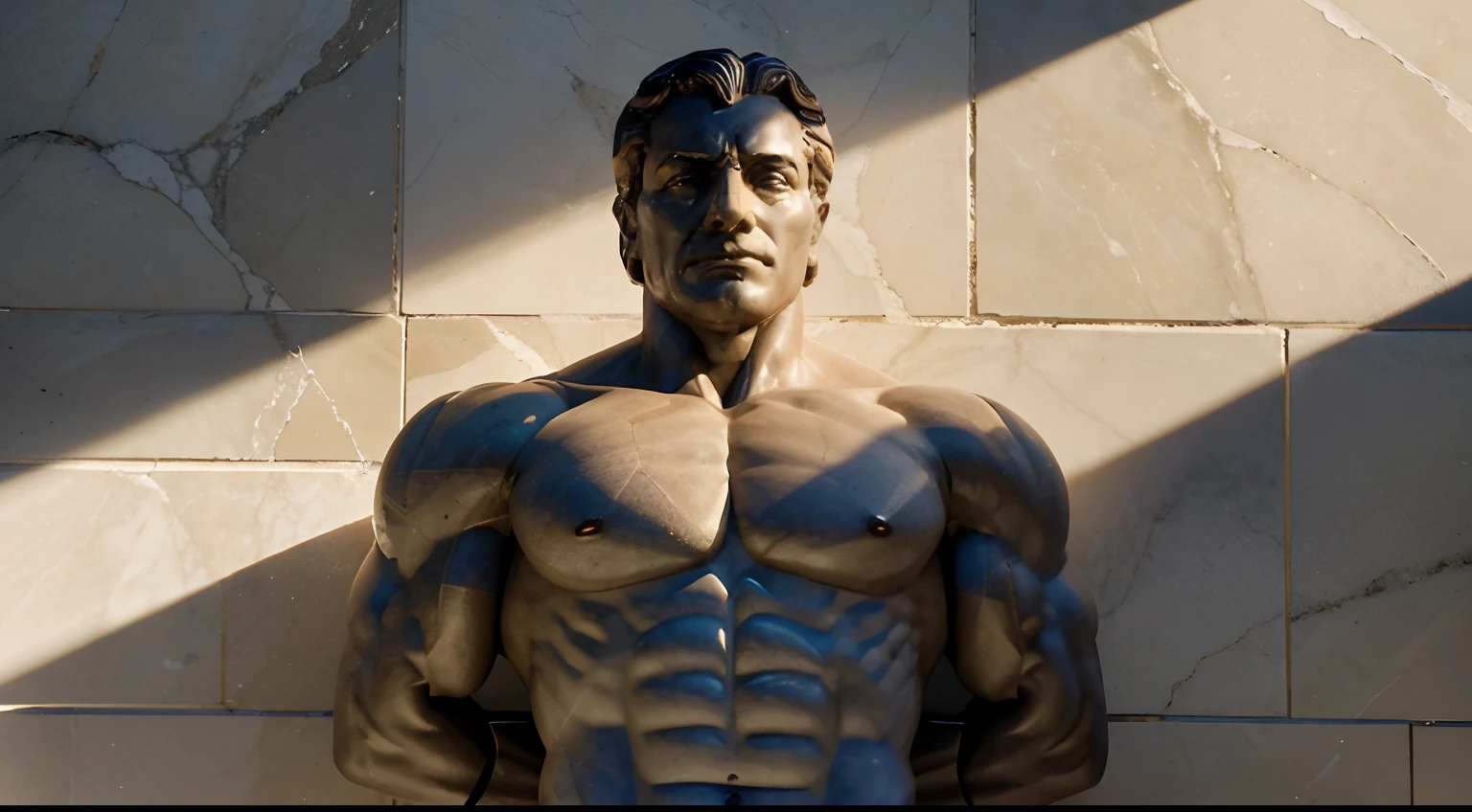 "Create a marble sculpture of a muscular stoic philosopher who, a pesar de su fortaleza, Set boundaries with determination and live an authentic and fulfilling life. Illumination and shadows should highlight your wisdom and contentment on your chosen path."