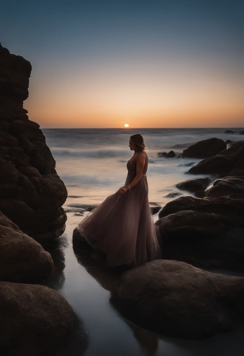 ((master part, extremely high quality)), sem roupas,corpulenta,corpo nu, garota, Put one foot in seawater with just your toes, Girl standing, menina de lado, menina entre o horizonte e o mar, olhando de lado, scattered ripples of the toes, The venue is about 20 meters away, Acima do mar, at night, toda a cena brilha, there's a meteor shower
