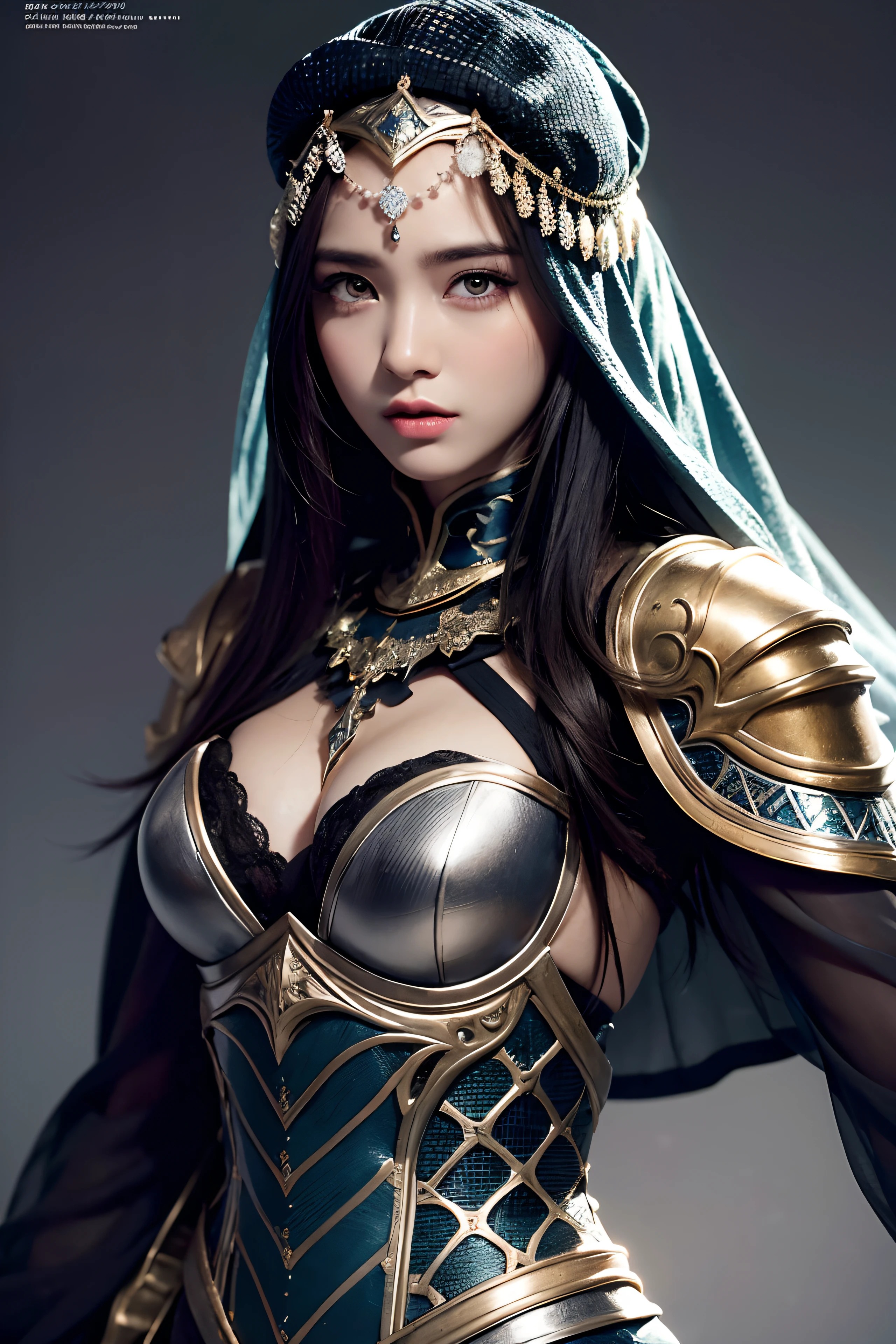 model shoot, (1 girl), Islamic warrior, hyper realistic, super detailed, Dynamic shot, masterpiece, scene sharp détails, perfect eyes, perfect skin, perfect hands