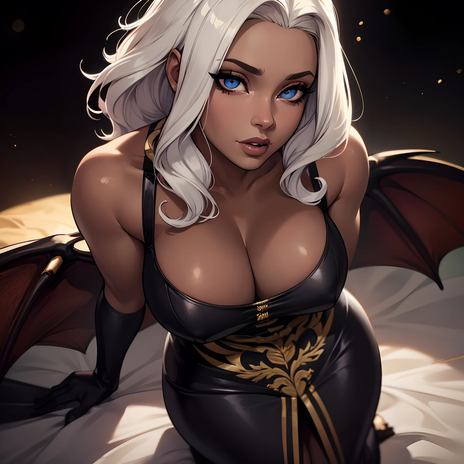 (best quality,4k,highres),ultra-detailed,(realistic:1.37),dark fantasy,chaotic,ethereal,powerful, vibrant colors, intense lighting, dramatic shadows, (HDR), (UHD), (studio lighting), (extreme detail description), (physically-based rendering), (bokeh), portraits
Thicc ebony skinned female, curvy, busty, showing cleavage, (extremely detailed eyes and face), long eyelashes, (beautiful detailed eyes), (beautiful detailed lips), succubus, long wavy white hair, wearing embroidered gold gilded dress, large demon wings, showing full body