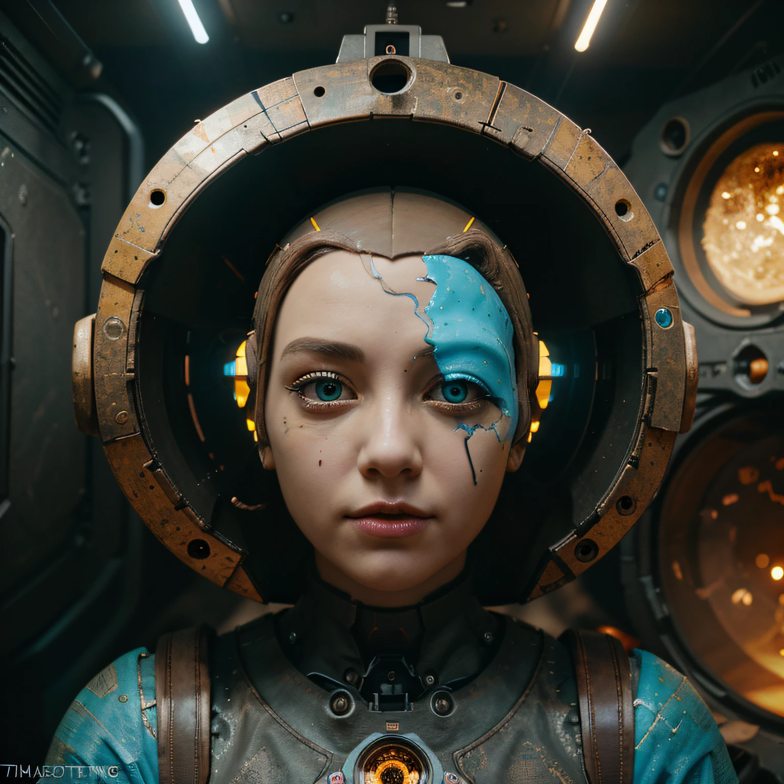 A toon Girl Crazy Only Eye Robot, tongs in hands, Tv head, pinhead, Yellow Pink Cyan Rusty, Ambient in a meteorite crater super detailed, center, beautiful, soft lighting, focused on the character, 4K resolution, photorealistic rendering,