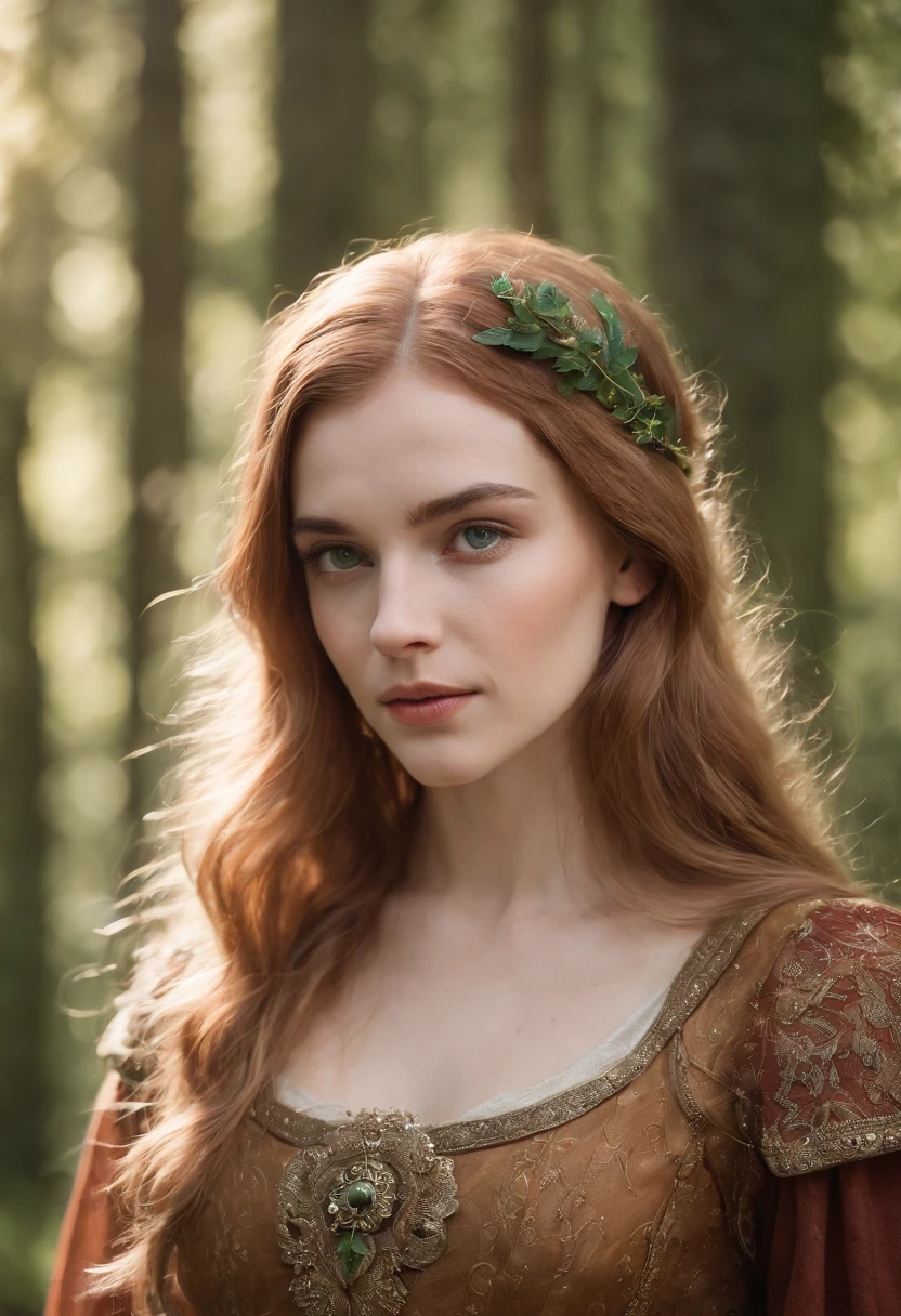 closeup of an irish woman, brigir goddess, wavy ginger hair, wearing olive green medieval dress, winter forest, natural skin texture, 24mm, 4k textures, soft cinematic light, RAW photo, photorealism, photorealistic, intricate, elegant, highly detailed, sharp focus, (((((square face))))), (((front headshoot))), hair back (((((cinematic look)))), soft tones, insane details, intricate details, hyperdetailed,  Low contrast, soft cinematic light, dark colors, exposure mix, HDR, Faded