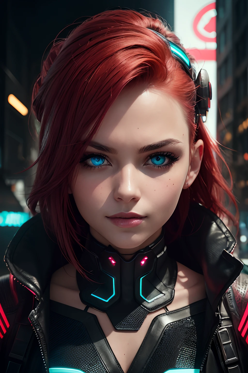 Full-body portrait photography, Bright red hair, Mesmerizing blue eyes, Enigmatic smile, Futuristic neon cyberpunk backdrop, Vibrant colors, Futuristic atmosphere, High-resolution image, Detailed hair texture, Intriguing expression, Futuristic lighting, Mysterious, Striking contrast, Vibrant cyberpunk hues, Graceful pose, Modern aesthetics.