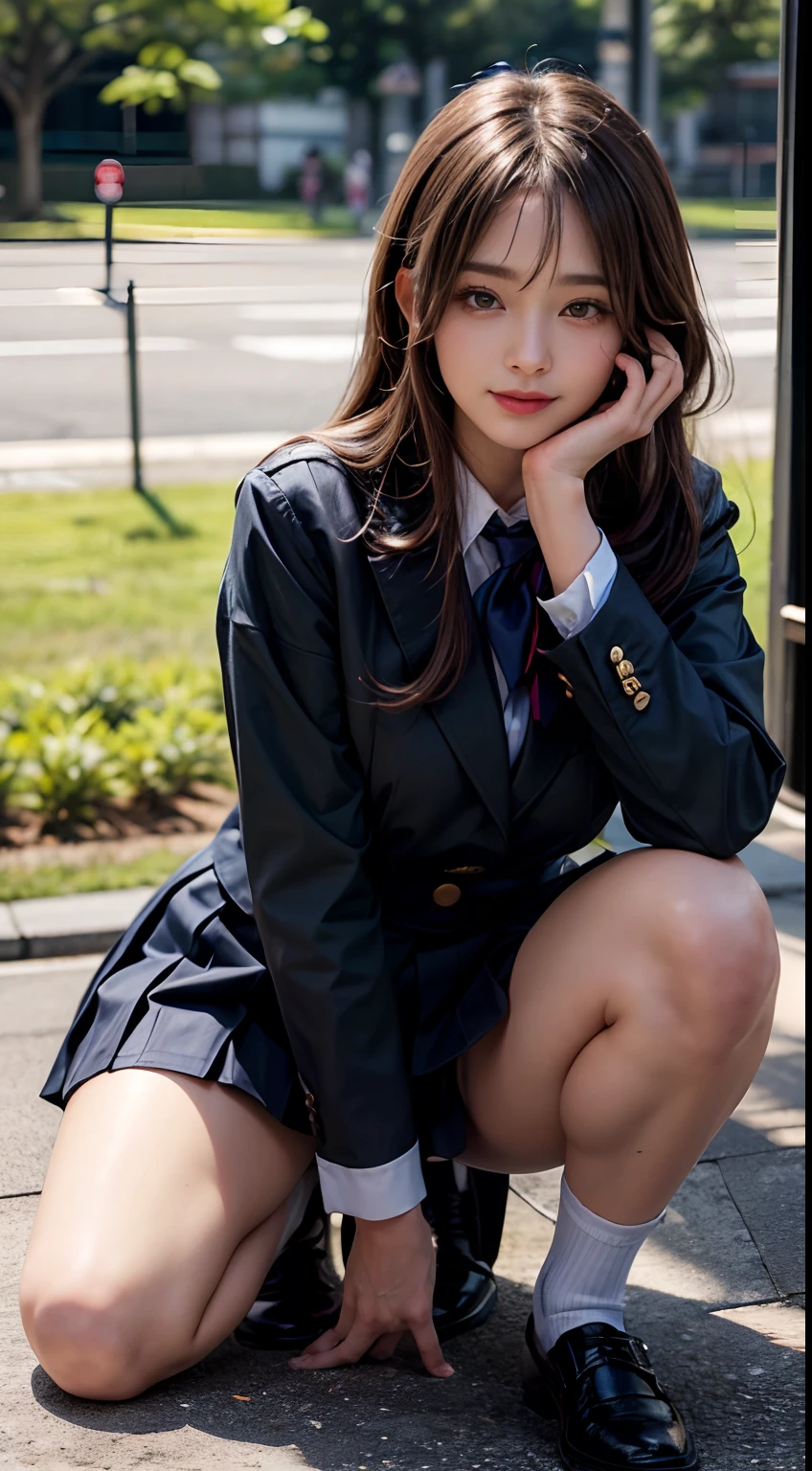 (8K high image quality), (top-quality), (RAW image quality),(masutepiece:1.2), (Realistic), (Photorealistic:1.37), ,largeeyes,long eyelasher,(Live-action realistic style),The Ultimate Face,Photorealistic light and shadow,Clear facial features,,Fair skin, ),Best portraits,Shot from a short distance, 1-girl, Cute,Beautiful detailed eyes,highlydetailed skin,(Beautiful face with double eyelids), (Realism: 1.4),((fullbody image)), ,delicate and beautiful face,,Female about 20 years old,(Beautiful Face 1.4),Medium Hair,((Japan high school girl in uniform)),Make eye contact with your audience,red lipsticks,Lame around the eyes,(Laugh a little),In a park rich in nature,Sit on one knee upright,The skirt is rolled up.、panties fully visible.,Pastel colors panties,I like to show my crotch to viewers,Spread your legs and show your panties,(Japan schoolgirl uniform),Beautiful face illuminated by light,