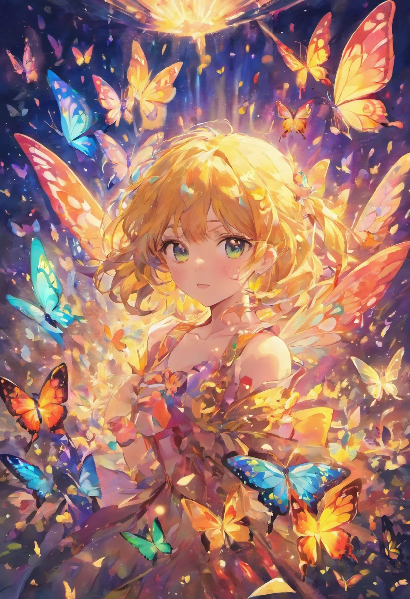 Colorful butterflies fluttering, por cima de rosas azuis e amarelas, illustration style