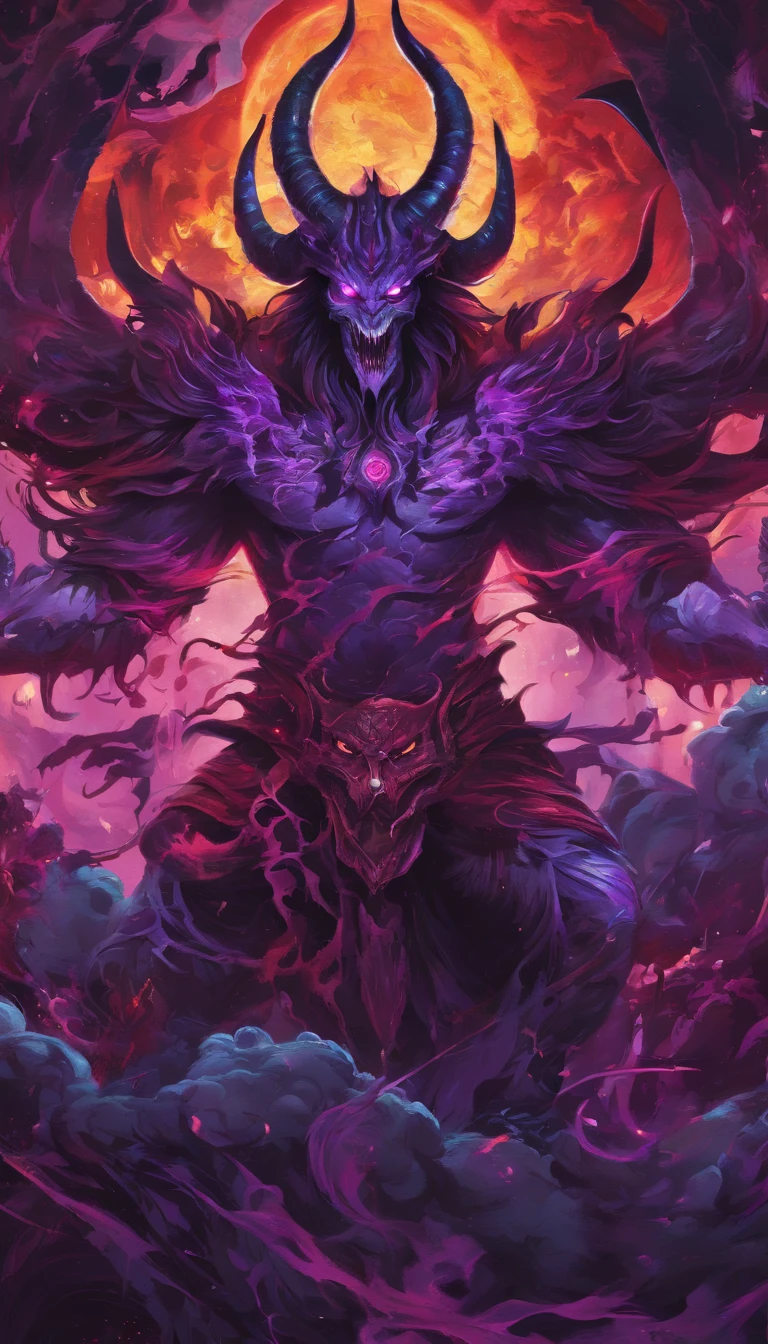 (best quality,4k,8k,highres,masterpiece:1.2),ultra-detailed,(realistic,photorealistic,photo-realistic:1.37),evil demon with glowing purple abyssal powers,casting mystic soul spells,handsome demon,large jagged demonic horns,massive demon angel wings,dark and ominous atmosphere,sinister grin,piercing glowing red eyes,demonic aura,enchanting purple mist,shadowy background,epic and dramatic lighting,otherworldly beauty,dramatic pose,fiery brimstone backdrop