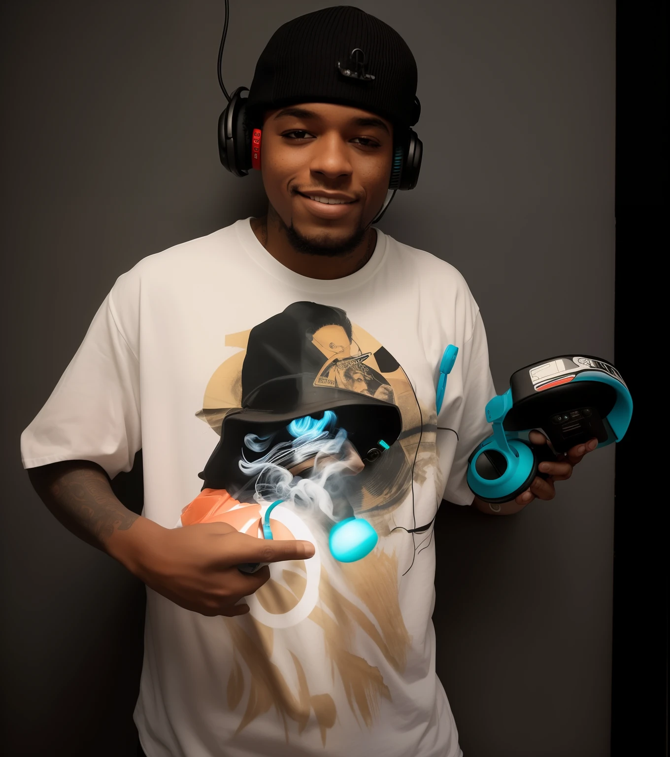 homem sorridente em uma camisa preta segurando um par de fones de ouvido, com fones de ouvido, DJ, Carregado, Retrato de Lucha Libre DJ, Fones de ouvido DJ Rave, Terence Nielsen, Warwick Santo, foto de perfil, Trevor Carlton, eric parker, arte oficial, Motivacional, Smokey, Rodney Mateus, com fones de ouvido, gangsta hiphop robot, rapper, Turntablism DJ arranhando, Alphonse Musha