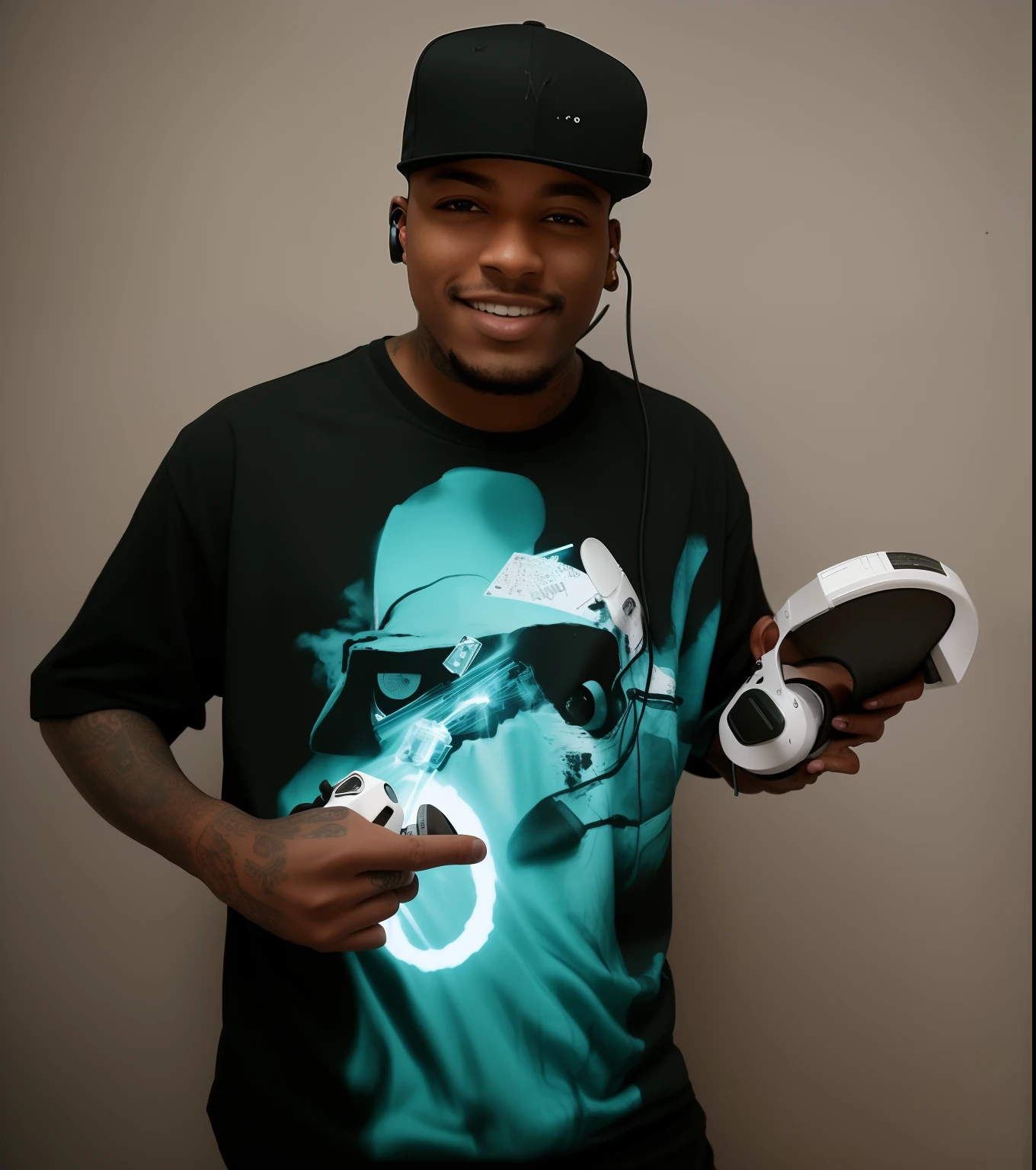 homem sorridente em uma camisa preta segurando um par de fones de ouvido, com fones de ouvido, DJ, Carregado, Retrato de Lucha Libre DJ, Fones de ouvido DJ Rave, Terence Nielsen, Warwick Santo, foto de perfil, Trevor Carlton, eric parker, arte oficial, Motivacional, Smokey, Rodney Mateus, com fones de ouvido, gangsta hiphop robot, rapper, Turntablism DJ arranhando, Alphonse Musha