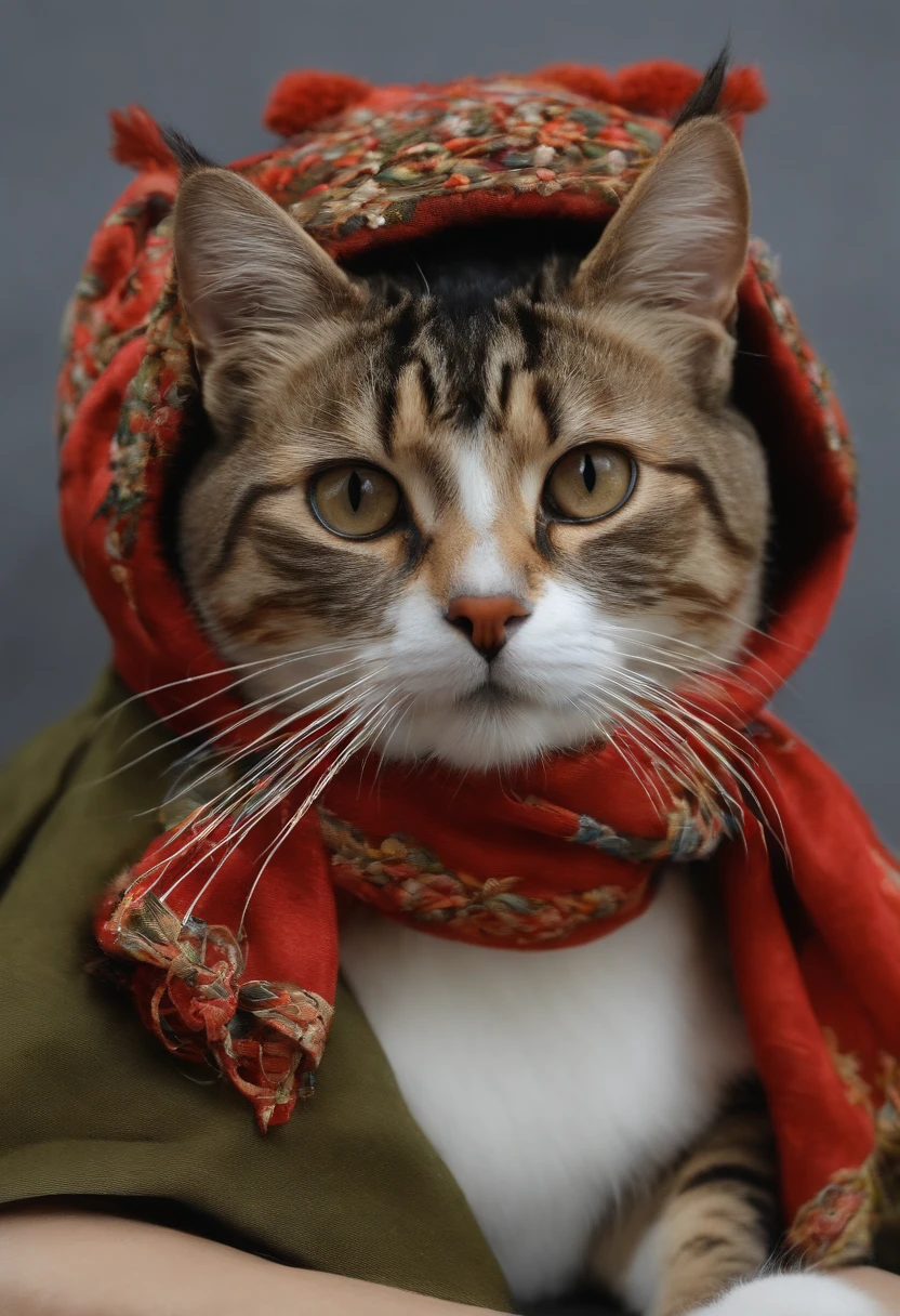 Cat painting on hat and scarf, Trendy at the art station, punk vestido, detailed hyper-realistic rendering, British gang members, estilo de rua, pose intimidadora, planeta dos gatos, Roupas da moda, samurai urbano, miau, West Slavic features, 8 1 5