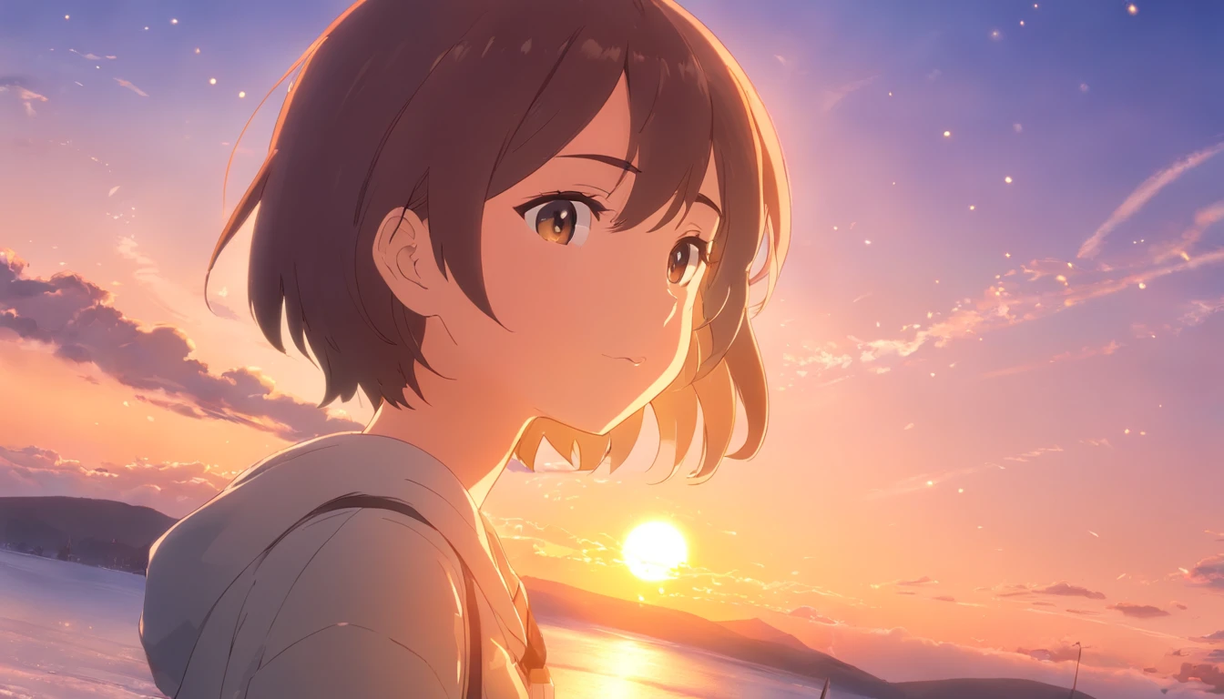 obra-prima, melhor qualidade, filme ainda, 1boy, garota lua, in sky, close-up, brilhante, metade lobo, Soft lighting and Warm, sun sunset, (Sparks: 0,7)